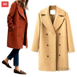 Wool Blend Pea Coat Double Breasted Notched Lapel Mid Long Trench Overcoat